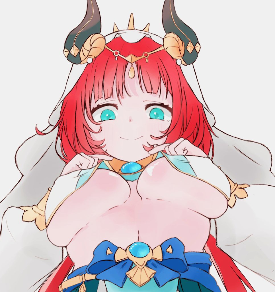 nilou (genshin impact), genshin impact, 1girl, 3eda, aqua eyes, blue gemstone, blue skirt, breasts, breasts apart, closed mouth, clothes lift, fake horns, foreshortening, from below, gem, harem outfit, horns, large breasts, long hair, long sleeves, looking down, navel, puffy long sleeves, puffy sleeves, red hair, simple background, skirt, smile, solo, stomach, underboob, upper body, veil, white background, white veil