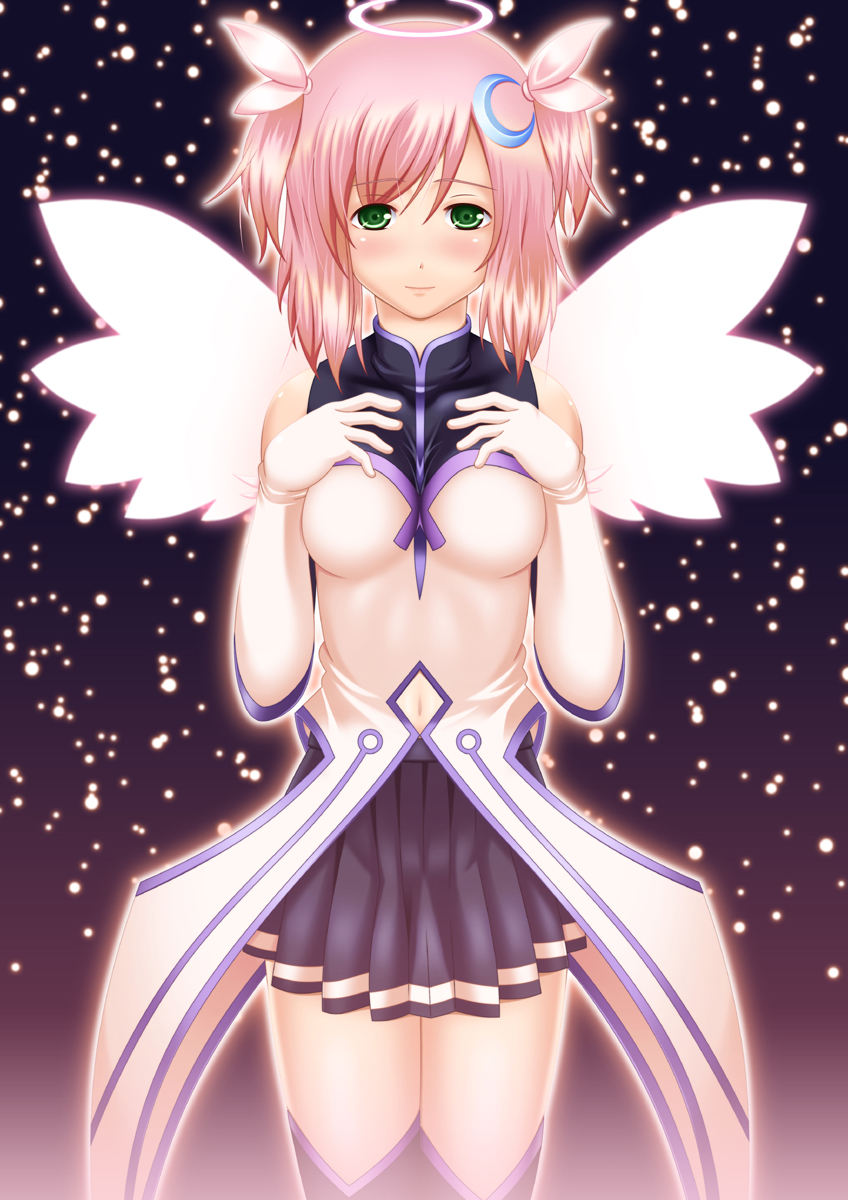 nukunuku (hinataboltuko), estellise sidos heurassein, tales of (series), tales of vesperia, highres, 00s, 1girl, blush, boots, breasts, cowboy shot, crescent, crescent hair ornament, elbow gloves, female focus, gloves, green eyes, hair ornament, halo, looking at viewer, medium breasts, miniskirt, official alternate costume, outline, pink hair, pleated skirt, short hair, skirt, solo, standing, thigh boots, thighhighs, two side up, white gloves, wings, zettai ryouiki
