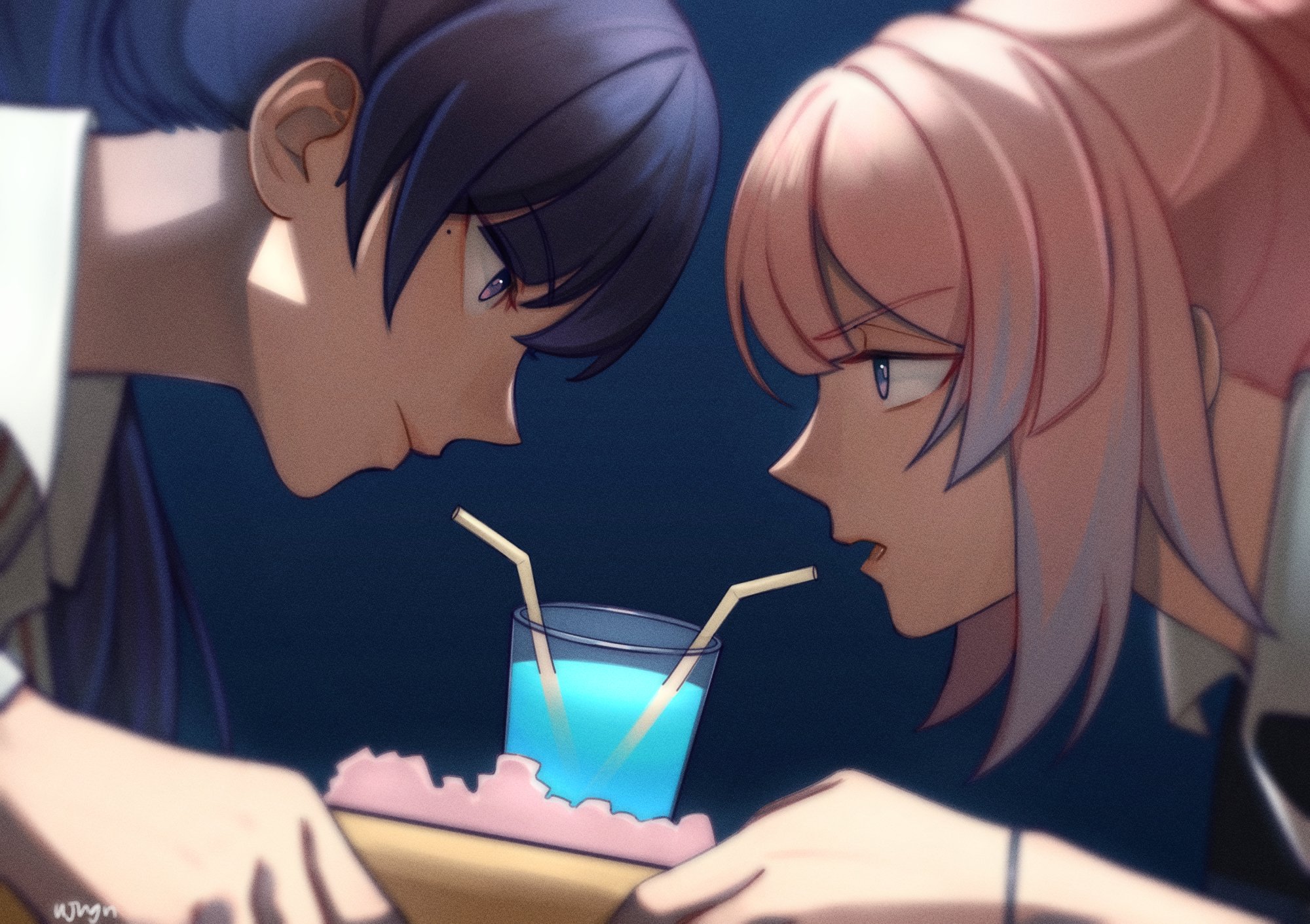 ujugn, raiden shogun, sangonomiya kokomi, genshin impact, highres, 2girls, alternate costume, alternate hairstyle, alternate universe, artist name, blue background, blunt bangs, blurry, closed mouth, collared shirt, couple, cup, depth of field, drinking straw, from side, gradient hair, hair over shoulder, high ponytail, holding, holding tray, leaning forward, long hair, long sleeves, looking at another, looking down, looking up, mole, mole under eye, multicolored hair, multiple girls, open mouth, pink hair, pink lips, ponytail, purple eyes, purple hair, shade, shirt, signature, tray, upper body, yuri