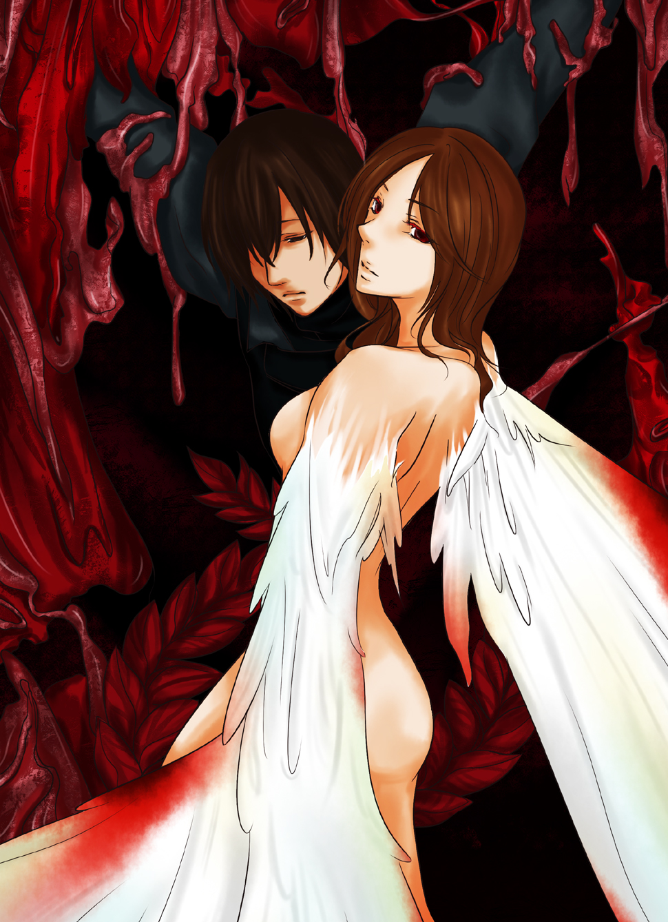 kaga0012, caim (drag-on dragoon), furiae, drag-on dragoon, drag-on dragoon 1, bad id, bad pixiv id, highres, spoilers, 1boy, 1girl, ass, blood, brother and sister, monster, monster girl, nude, siblings, wings