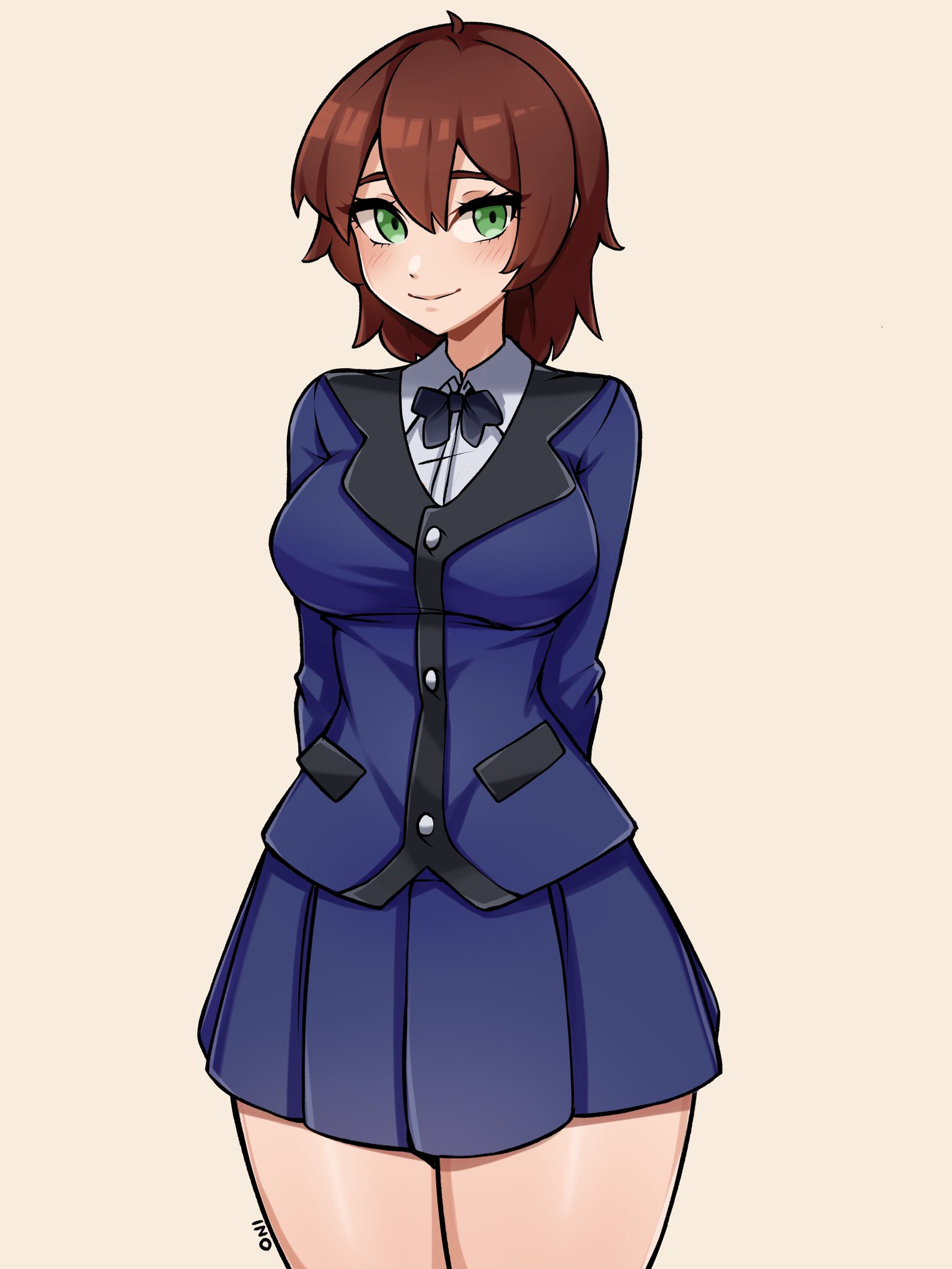 oninuer, original, commentary, commission, english commentary, highres, 1girl, ahoge, arms behind back, black bow, black bowtie, blue jacket, blue skirt, bow, bowtie, breasts, brown hair, closed mouth, cowboy shot, double-parted bangs, green eyes, grey background, hair between eyes, jacket, large breasts, looking at viewer, miniskirt, pleated skirt, short hair, simple background, skirt, smile, solo