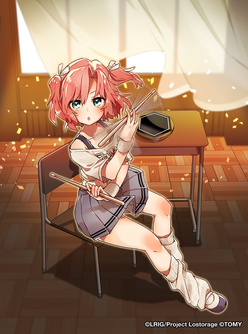 cleiooo, tawil (wixoss), wixoss, official art, 1girl, :o, aqua eyes, black tank top, chair, copyright notice, curtains, desk, from above, grey skirt, hair ribbon, holding, holding stick, indoors, looking at viewer, loose socks, medium hair, midriff, navel, on chair, pink hair, ribbon, school chair, school desk, shirt, shoes, short sleeves, sitting, skirt, socks, solo, stick, tank top, two side up, uwabaki, white ribbon, white shirt, window