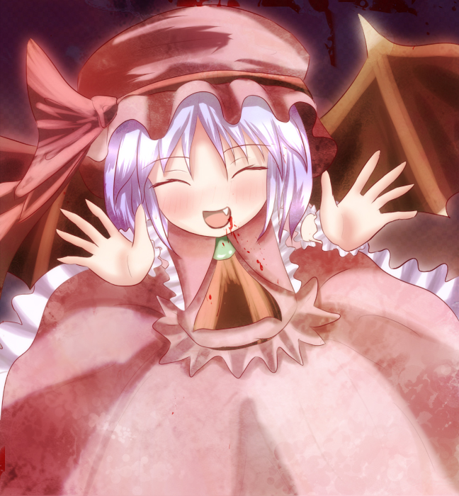 non (nobu), remilia scarlet, touhou, 1girl, blood, blue hair, blush, closed eyes, dress, fang, female focus, hat, incoming kiss, open mouth, solo, wings