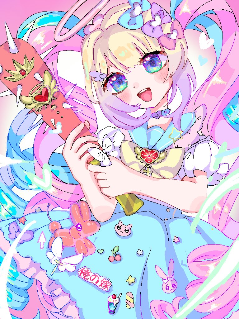 itomakirichan, chouzetsusaikawa tenshi-chan, needy girl overdose, hashtag-only commentary, 1girl, :d, alternate costume, bad anatomy, bad hands, balloon animal, baseball bat, blonde hair, blue dress, blue eyes, blue hair, blunt bangs, blush, bow, chest bow, collar, colored tips, dress, hair bow, halo, head tilt, heart, holding, holding baseball bat, looking at viewer, multicolored hair, multiple hair bows, open mouth, pin, pink hair, quad tails, sailor collar, sidelocks, smile, solo, spiked bat, swirl
