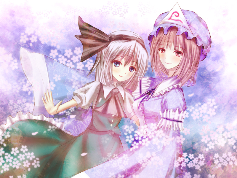 non (nobu), konpaku youmu, saigyouji yuyuko, touhou, silver hair, 2girls, blue eyes, blush, dress, female focus, hairband, hat, japanese clothes, kimono, multiple girls, pink eyes, pink hair, ribbon