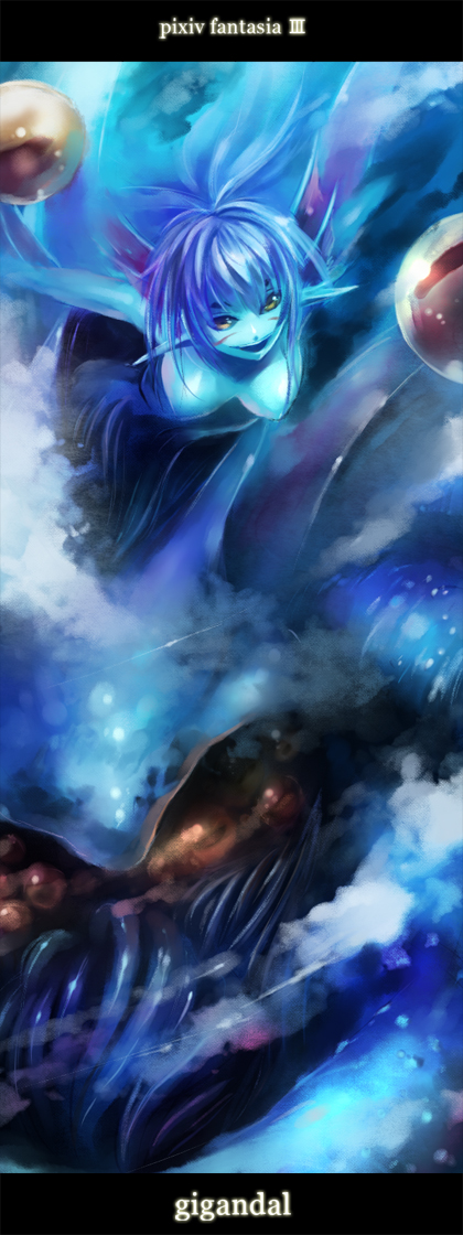 edobox, pixiv fantasia, pixiv fantasia 3, blue hair, blue skin, colored skin, gigandal federation, monster girl, pointy ears, slime girl, solo