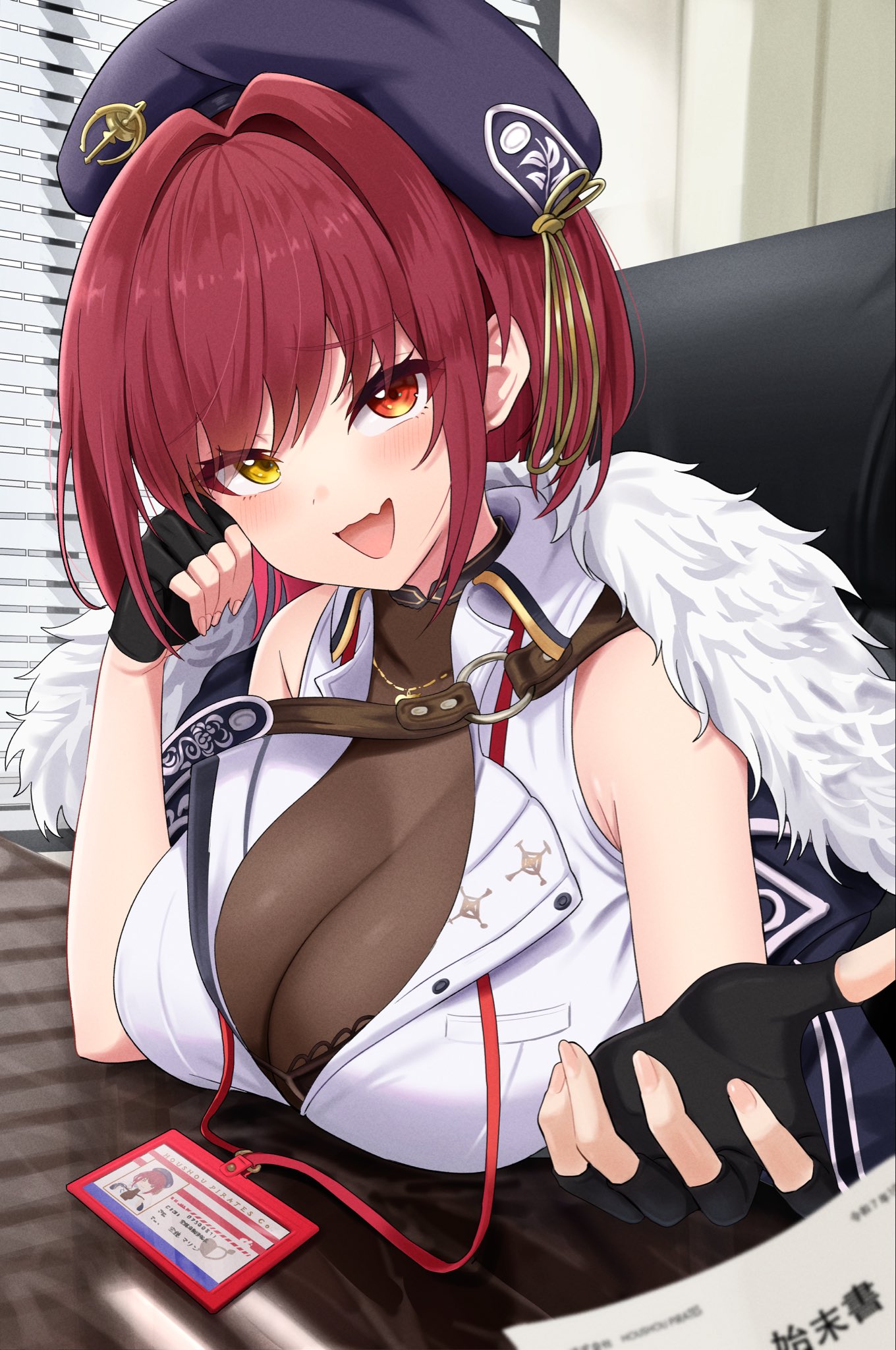 omio, houshou marine, hololive, highres, 1girl, black bra, blurry, blurry foreground, blush, bodystocking, bra, breasts, fang, heterochromia, id card, indoors, large breasts, open mouth, red eyes, red hair, see-through cleavage, see-through clothes, short hair, skin fang, solo, underwear, veil, virtual youtuber, white veil, yellow eyes