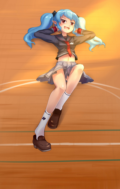 observerz, valona, busou shinki, bad id, bad pixiv id, 10s, 1girl, blue hair, blush, fang, female focus, legs, lying, midriff, necktie, on back, pointy ears, red eyes, school uniform, shoe dangle, skirt, solo, twintails