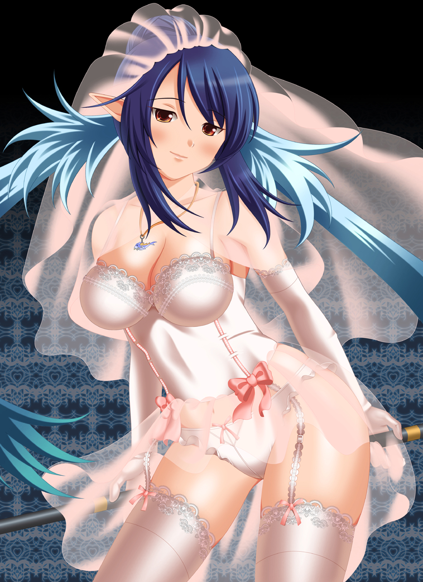nukunuku (hinataboltuko), judith (tales), tales of (series), tales of vesperia, lace-trimmed legwear, highres, 00s, 1girl, blue hair, breasts, bridal veil, bustier, cleavage, elbow gloves, female focus, garter belt, gloves, lace, lace trim, large breasts, lingerie, panties, pointy ears, solo, thighhighs, underwear, underwear only, veil, white panties, white thighhighs
