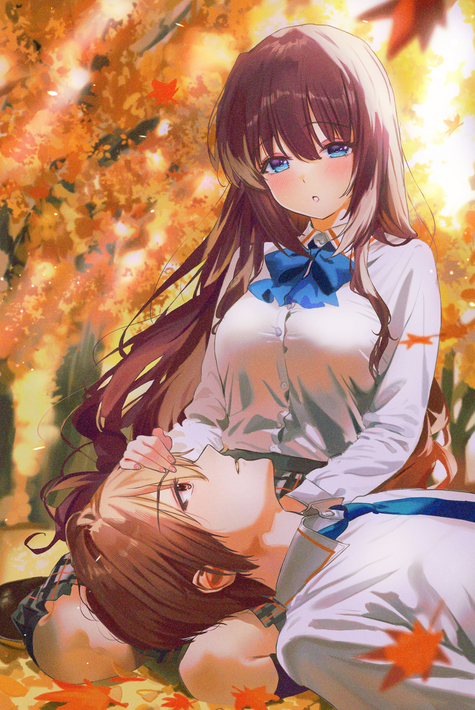 miiizuno lbs, a-chan (little busters!), natsume kyousuke, little busters!, absurdres, commentary request, highres, 1boy, 1girl, autumn, autumn leaves, backlighting, blue bow, blue bowtie, blue eyes, blue necktie, blurry, bow, bowtie, breasts, brown eyes, brown hair, collared shirt, couple, depth of field, dress shirt, eyelashes, eyeliner, eyes visible through hair, film grain, fingernails, floating hair, full body, grey skirt, hair between eyes, headpat, heavy film grain, hetero, lap pillow, large breasts, leaf, little busters! school uniform, long hair, long sleeves, looking at another, makeup, necktie, outdoors, parted lips, plaid clothes, plaid skirt, profile, school uniform, shirt, short hair, sitting, skirt, sunlight, tsurime, upper body, very long hair, wariza, white shirt, wind