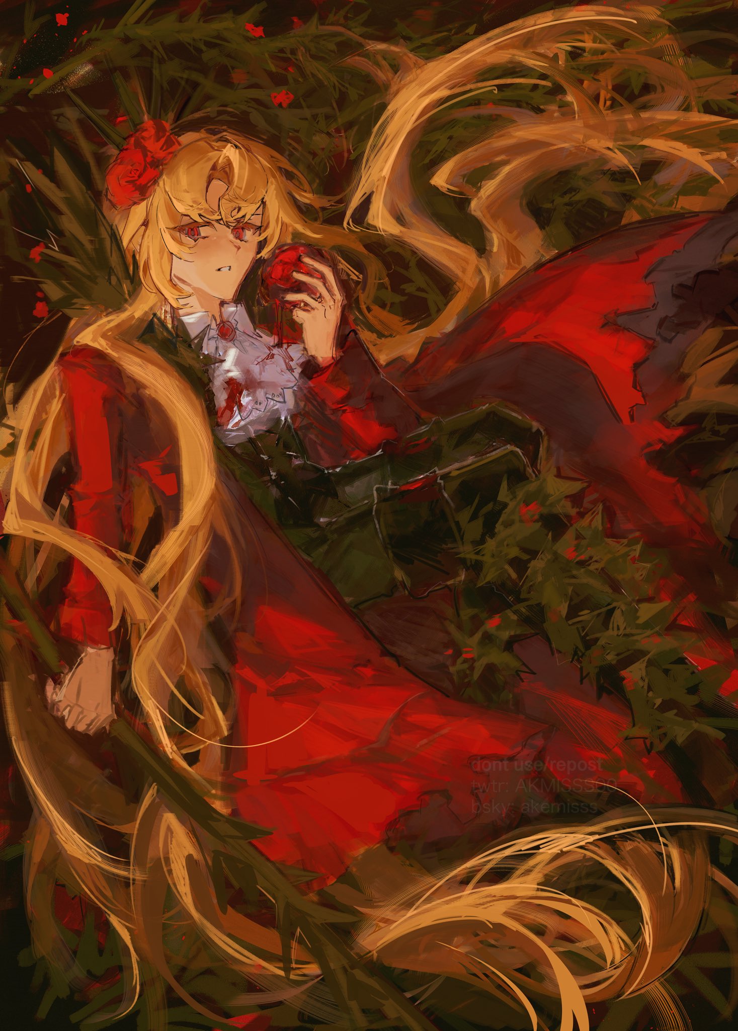 akmisss00, don quixote (project moon), sancho (project moon), limbus company, project moon, hashtag-only commentary, highres, 1girl, black shirt, black vest, blonde hair, blood, blood splatter, brambles, brooch, clenched hand, coat, collared shirt, curtained hair, falling petals, flower, frills, frown, hair flower, hair flowing over, hair ornament, holding, holding polearm, holding weapon, jewelry, knees up, long hair, official alternate costume, parted lips, petals, polearm, red coat, red eyes, shirt, solo, thorns, very long hair, vest, weapon, white shirt