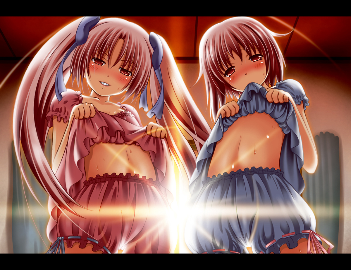 nukunuku (hinataboltuko), original, 2girls, bloomers, blush, brown hair, clothes lift, hair ribbon, halation, midriff, mouth hold, multiple girls, ribbon, shirt lift, twintails, underwear