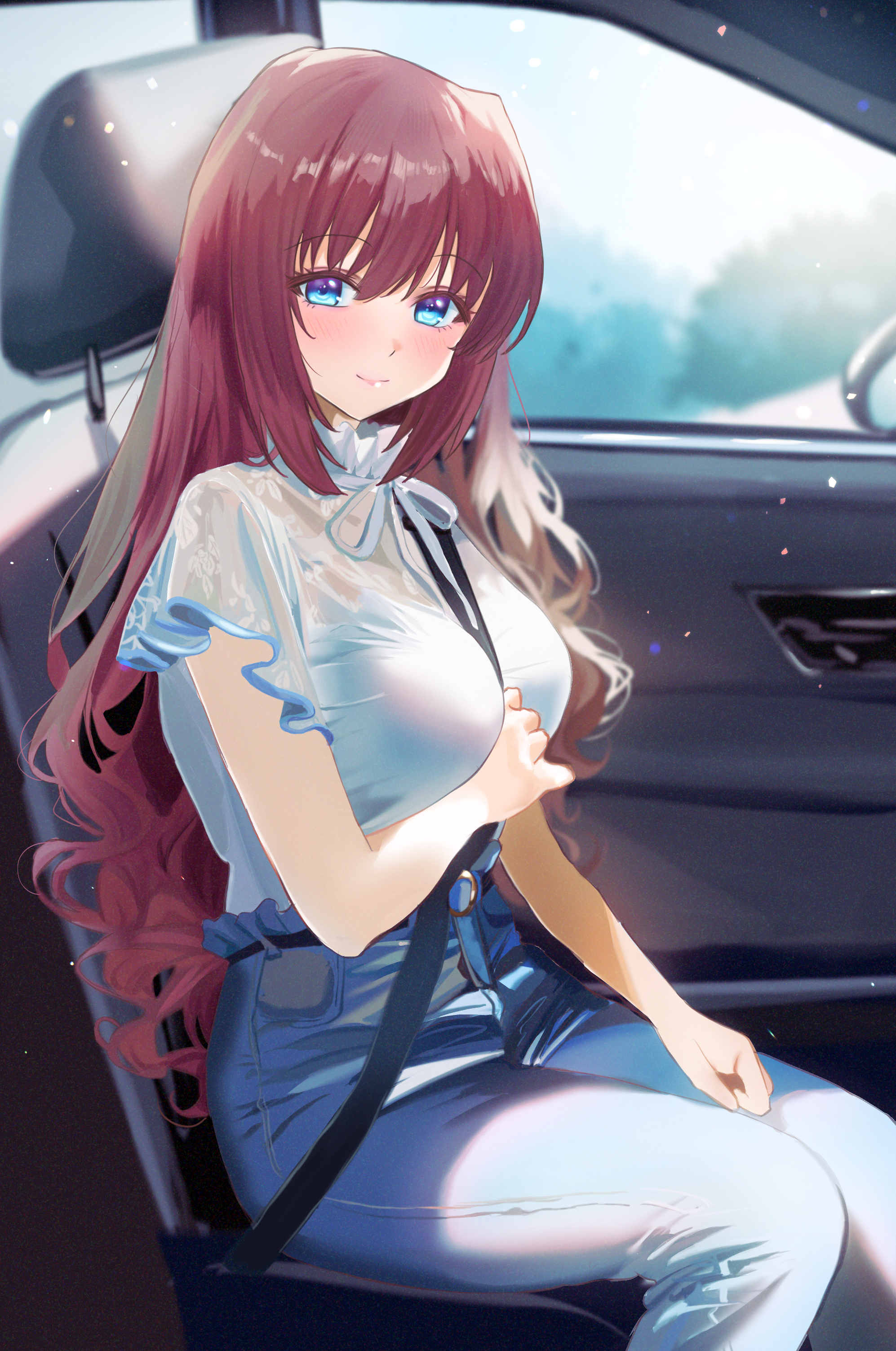 miiizuno lbs, a-chan (little busters!), little busters!, absurdres, commentary request, highres, 1girl, alternate costume, arm under breasts, between breasts, blue eyes, blurry, blush, breasts, brown hair, car interior, casual, closed mouth, day, denim, depth of field, eyelashes, eyes visible through hair, feet out of frame, floral print, floral print shirt, hair between eyes, happy, jeans, large breasts, lips, long hair, looking at viewer, neck ribbon, pants, print shirt, ribbon, seatbelt, seatbelt between breasts, shirt, short sleeves, sidelocks, sitting, smile, solo, split mouth, strap between breasts, very long hair, wavy hair, white ribbon, white shirt