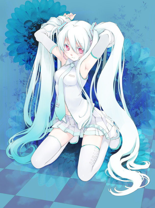 ginta, hatsune miku, vocaloid, colorized, 1girl, albino, alternate color, aqua hair, aqua nails, armpits, checkered floor, female focus, kneeling, long hair, nail polish, necktie, perspective, pink eyes, skirt, solo, thighhighs, twintails, very long hair, white thighhighs, zettai ryouiki