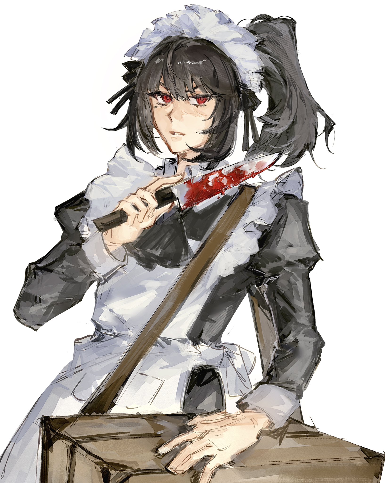akmisss00, ryoshu (project moon), limbus company, project moon, commentary, english commentary, highres, 1girl, apron, bag, black dress, black hair, blood, bloody knife, bloody weapon, dress, hand up, high ponytail, holding, holding knife, knife, looking at viewer, maid, maid apron, maid headdress, official alternate costume, parted lips, ponytail, red eyes, short hair, shoulder bag, sidelocks, solo, weapon, wuthering heights (identity) (project moon)
