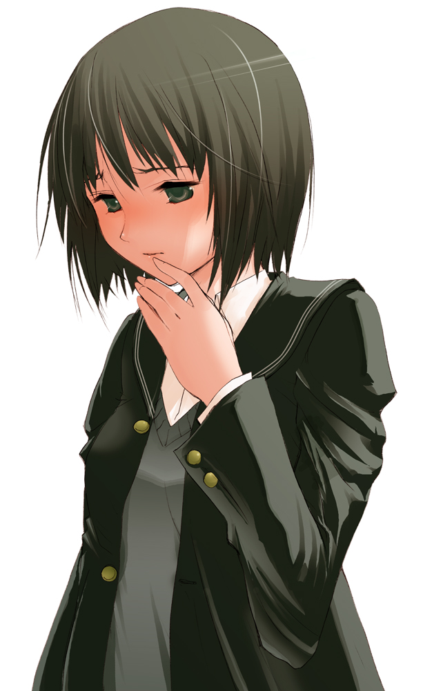 10ro, nanasaki ai, amagami, 1girl, blush, brown hair, female focus, green eyes, sad, school uniform, short hair, simple background, solo, sweater