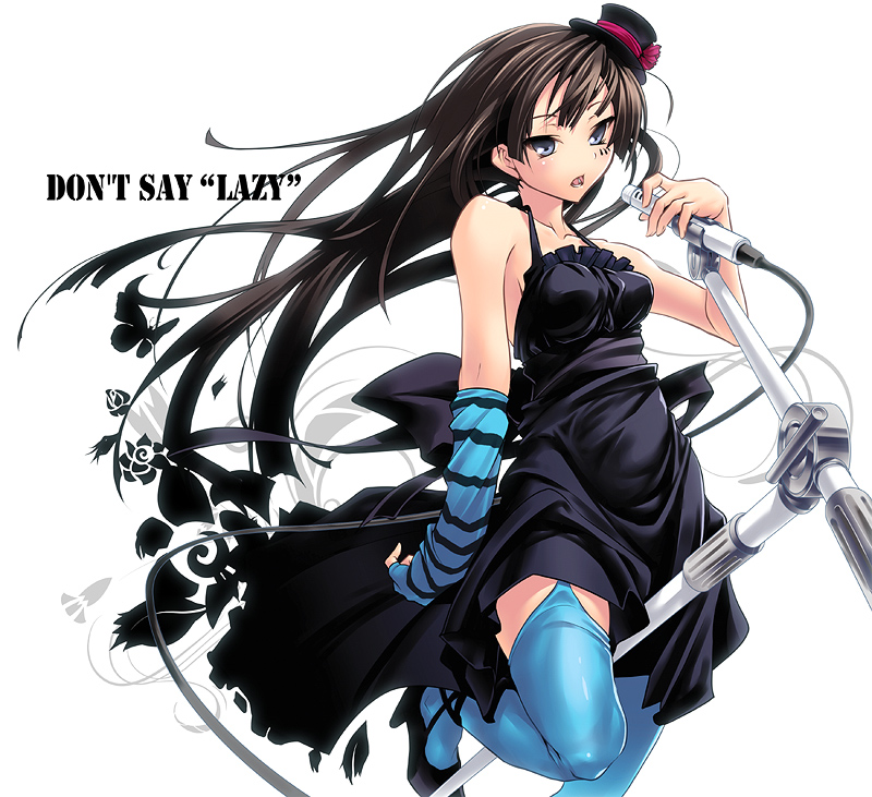 nilitsu, akiyama mio, don't say "lazy", k-on!, 00s, 1girl, blunt bangs, blush, brown hair, detached sleeves, dress, female focus, grey eyes, hat, high heels, hime cut, long hair, microphone, microphone stand, mini hat, mini top hat, shoes, solo, thighhighs, top hat