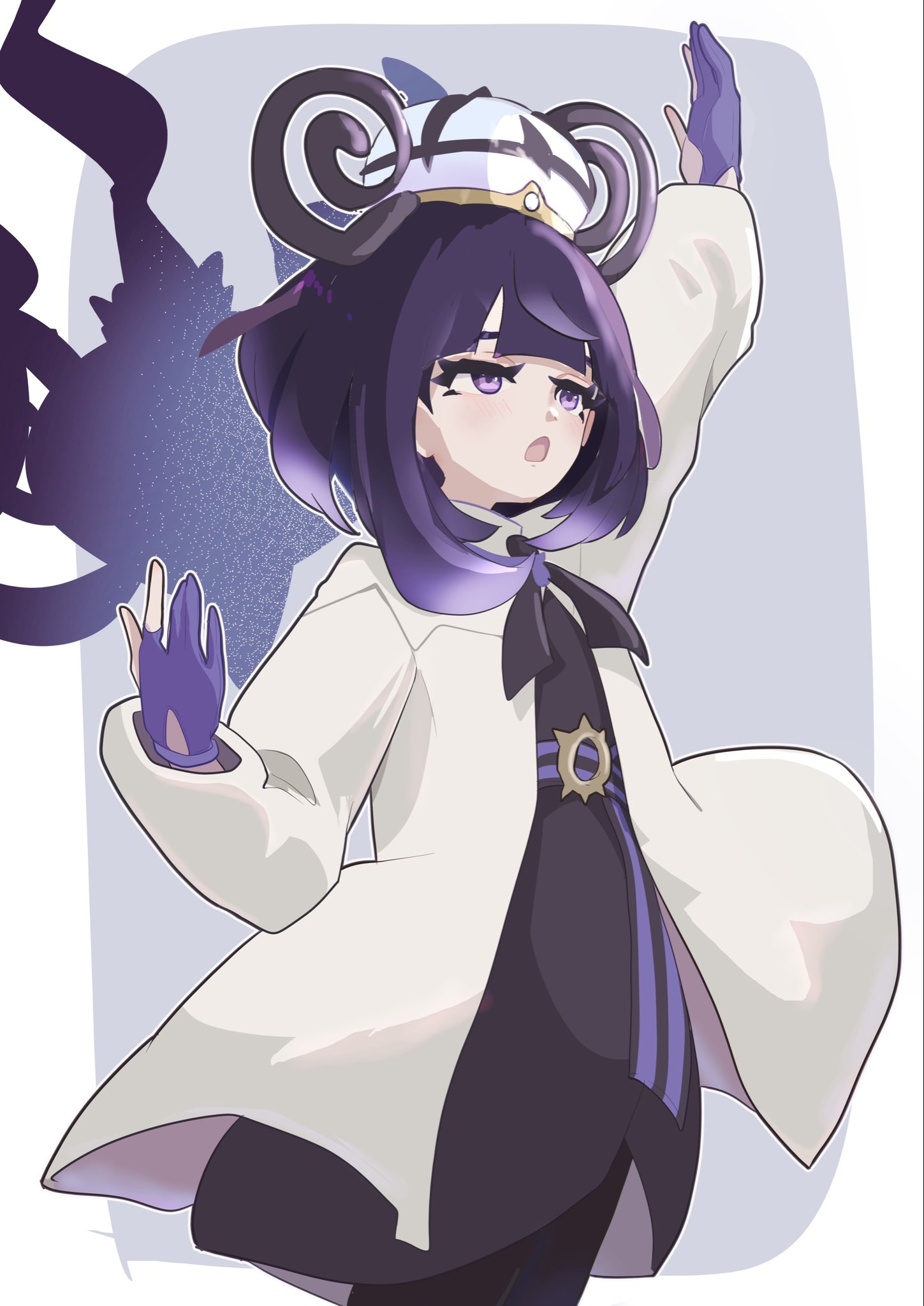 delta delta, chandelure, gwynn (pokemon), nintendo, pokemon, pokemon legends: z-a, highres, 1girl, :o, arm up, belt, belt buckle, black dress, buckle, coat, dress, gen 5 pokemon, gloves, hat, long sleeves, o-ring, o-ring belt, open clothes, open coat, open mouth, pantyhose, partially fingerless gloves, pokemon (creature), purple eyes, purple gloves, purple hair, short hair, white coat, white hat