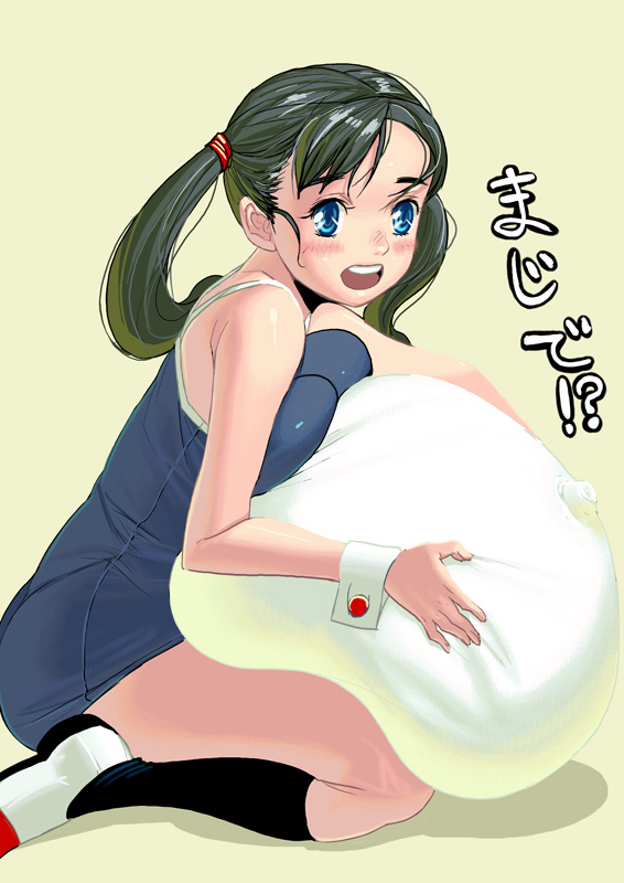 kouno (masao), original, bad id, bad pixiv id, translated, blue eyes, blush, breast press, breasts, green hair, hugging object, kneeling, large breasts, one-piece swimsuit, pillow, pillow hug, school swimsuit, socks, solo, swimsuit, twintails