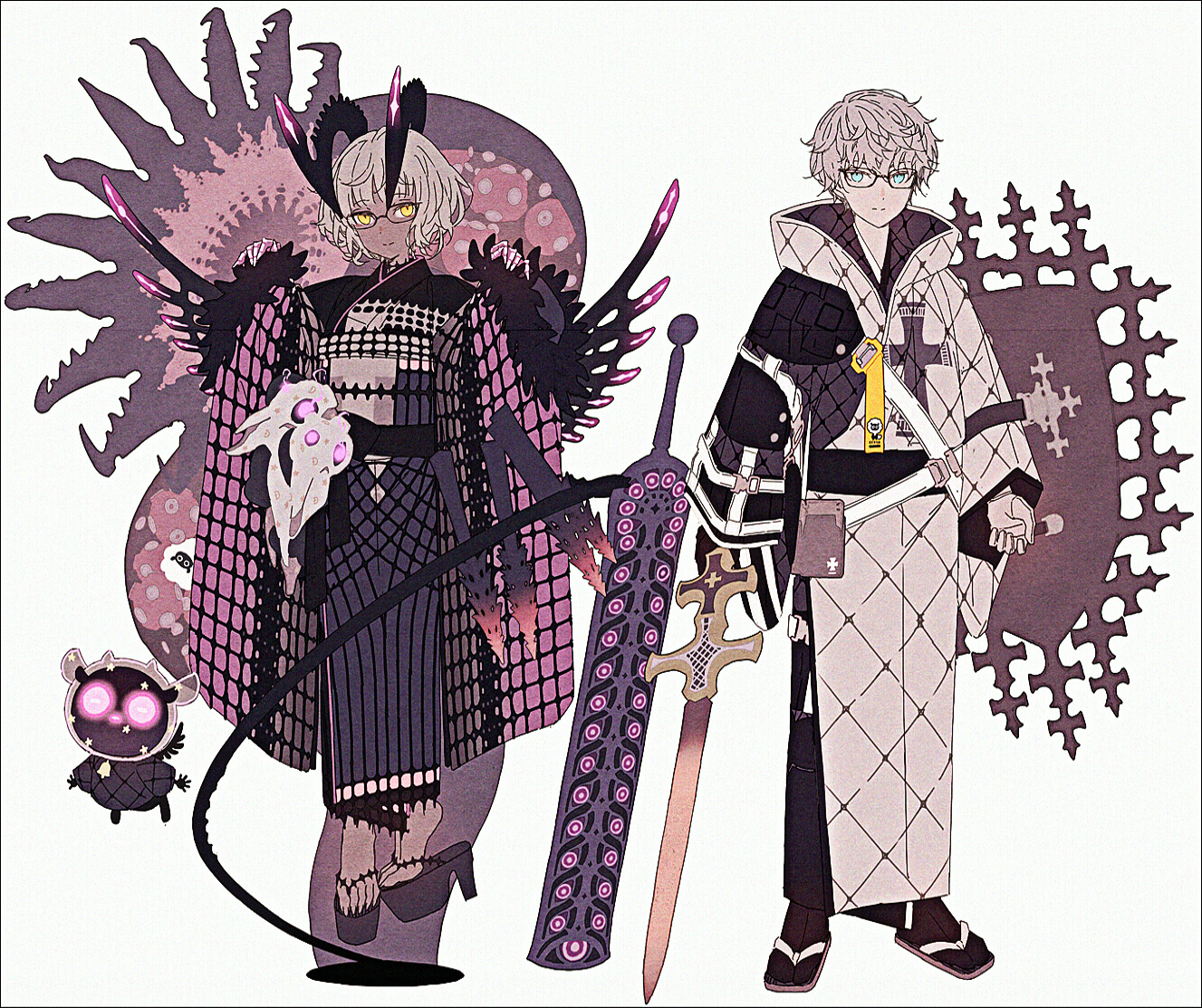 hakusai (tiahszld), baphomet (fate), jacques de molay (foreigner) (fate), jacques de molay (foreigner) (third ascension) (fate), jacques de molay (saber) (fate), fate/grand order, fate (series), commentary, 1boy, 1girl, blue eyes, closed mouth, colored skin, demon girl, dual persona, full body, glasses, grey hair, grey skin, holding, holding sword, holding weapon, horns, japanese clothes, kimono, looking at viewer, short hair, smile, sword, weapon, yellow eyes