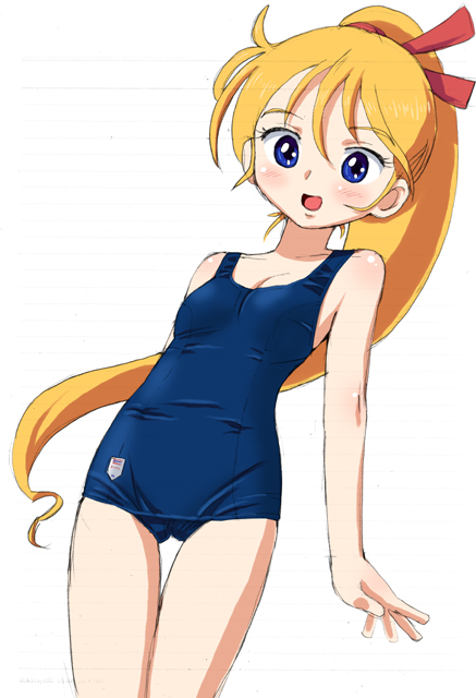 homing (areya), kamikita keiko, muteki choujin zambot 3, 1970s (style), 1girl, blonde hair, blue eyes, blush, female focus, flat chest, long hair, oldschool, one-piece swimsuit, ponytail, retro artstyle, school swimsuit, solo, swimsuit, thigh gap, thighs
