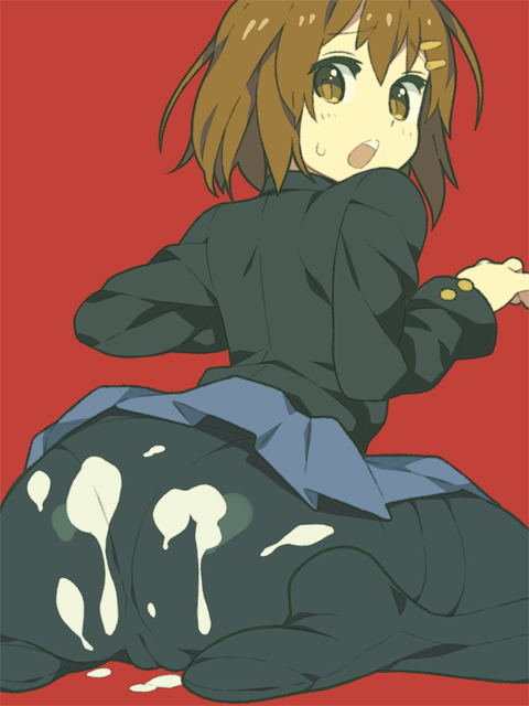 itsumo nokoru, hirasawa yui, k-on!, eyebrows, 00s, 1girl, :o, ass, black jacket, black panties, blue skirt, brown eyes, brown hair, cameltoe, cum, cum on ass, cum on body, cum on clothes, cum on lower body, feet, female focus, from behind, hair between eyes, hair ornament, hairclip, jacket, kneeling, long sleeves, looking back, miniskirt, no shoes, open mouth, panties, panties under pantyhose, pantyhose, pantyshot, pleated skirt, school uniform, short hair, simple background, sitting, skirt, solo, sweatdrop, teeth, thighband pantyhose, underwear, wariza