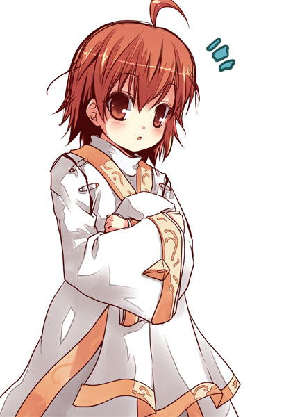 kouji (campus life), index (toaru majutsu no index), last order (toaru majutsu no index), toaru majutsu no index, 1girl, ahoge, blush, brown eyes, brown hair, cosplay, female focus, index (cosplay), short hair, simple background, solo