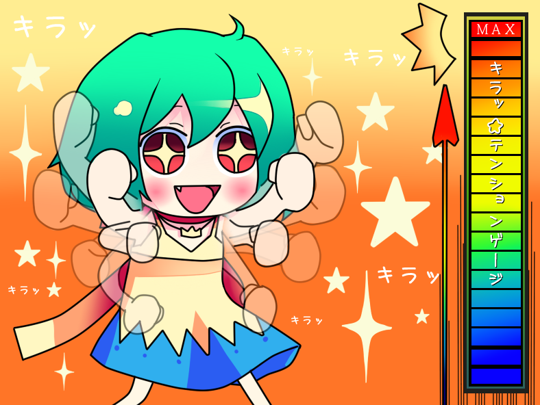 ranka lee, macross, macross frontier, sumomomo momomo, translated, + +, chibi, fang, green hair, paffendorf, parody, red eyes, solo, star (symbol)