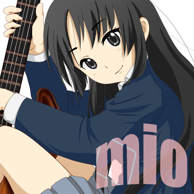 mishiyomi kazumi, akiyama mio, k-on!, 00s, 1girl, bass guitar, black eyes, black hair, blunt bangs, female focus, hime cut, instrument, school uniform, simple background, solo