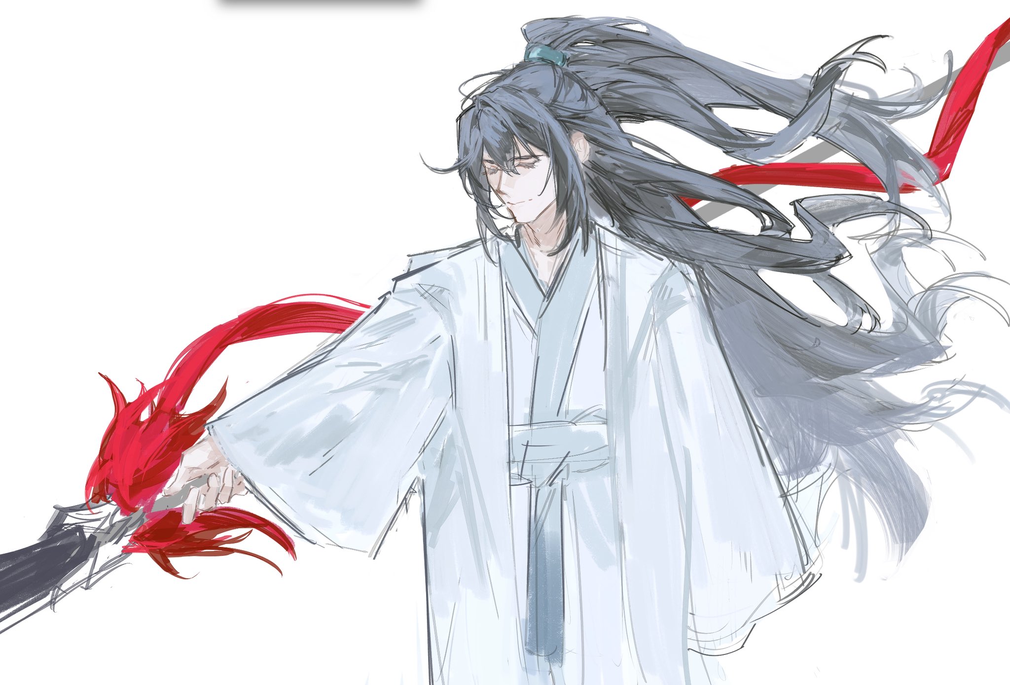 akmisss00, hong lu (project moon), limbus company, project moon, highres, 1boy, black hair, chinese clothes, closed eyes, cowboy shot, facing viewer, hanfu, high ponytail, long hair, male focus, official alternate costume, polearm, ponytail, ribbon, robe, sidelocks, smile, solo, very long hair, weapon, white hanfu, white robe