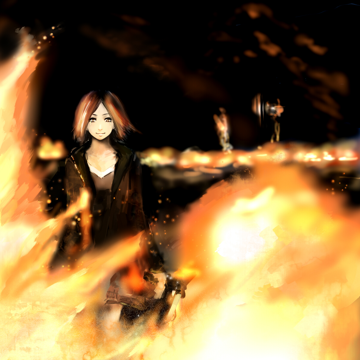 aoki tsubame, original, bad id, bad pixiv id, highres, brown hair, fire, gun, short hair, sky, solo, tears, weapon, yellow eyes