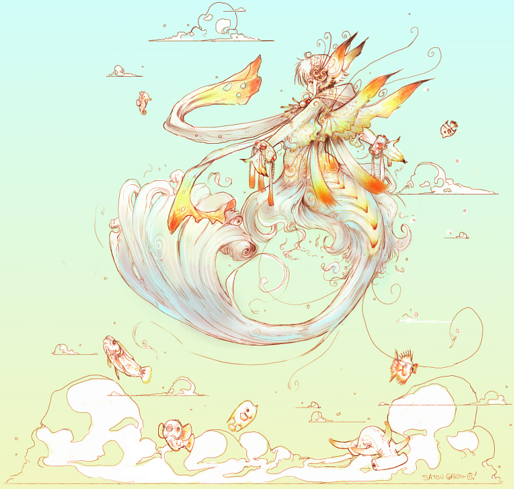 satougaki, original, 1girl, bracelet, cloud, colorful, female focus, fingernails, fins, fish, from side, gradient background, green background, head fins, jewelry, looking at viewer, mermaid, monster girl, outstretched arms, profile, scales, scarf, sharp fingernails, short hair, sidelocks, solo, spread arms