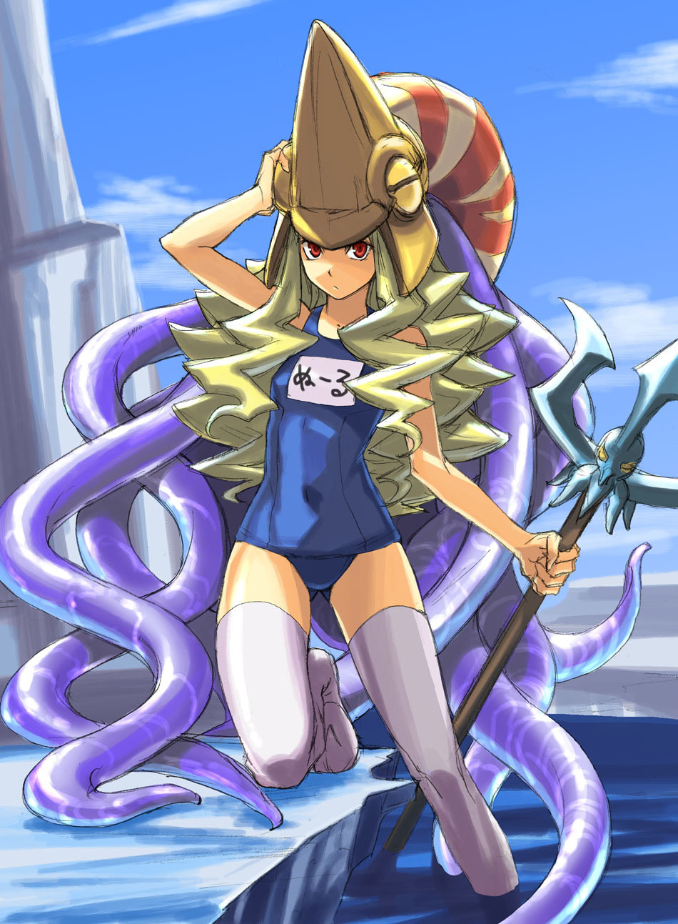 tetsu (kimuchi), nool, capcom, capcom fighting jam, warzard, highres, 1girl, arm up, cloud, day, female focus, flat chest, genderswap, genderswap (mtf), hat, ice, kneeling, long hair, midnight bliss, one-piece swimsuit, outdoors, polearm, red eyes, school swimsuit, sky, solo, spear, squid, swimsuit, tentacles, thighhighs, trident, wading, water, wavy hair, weapon, white thighhighs, zettai ryouiki