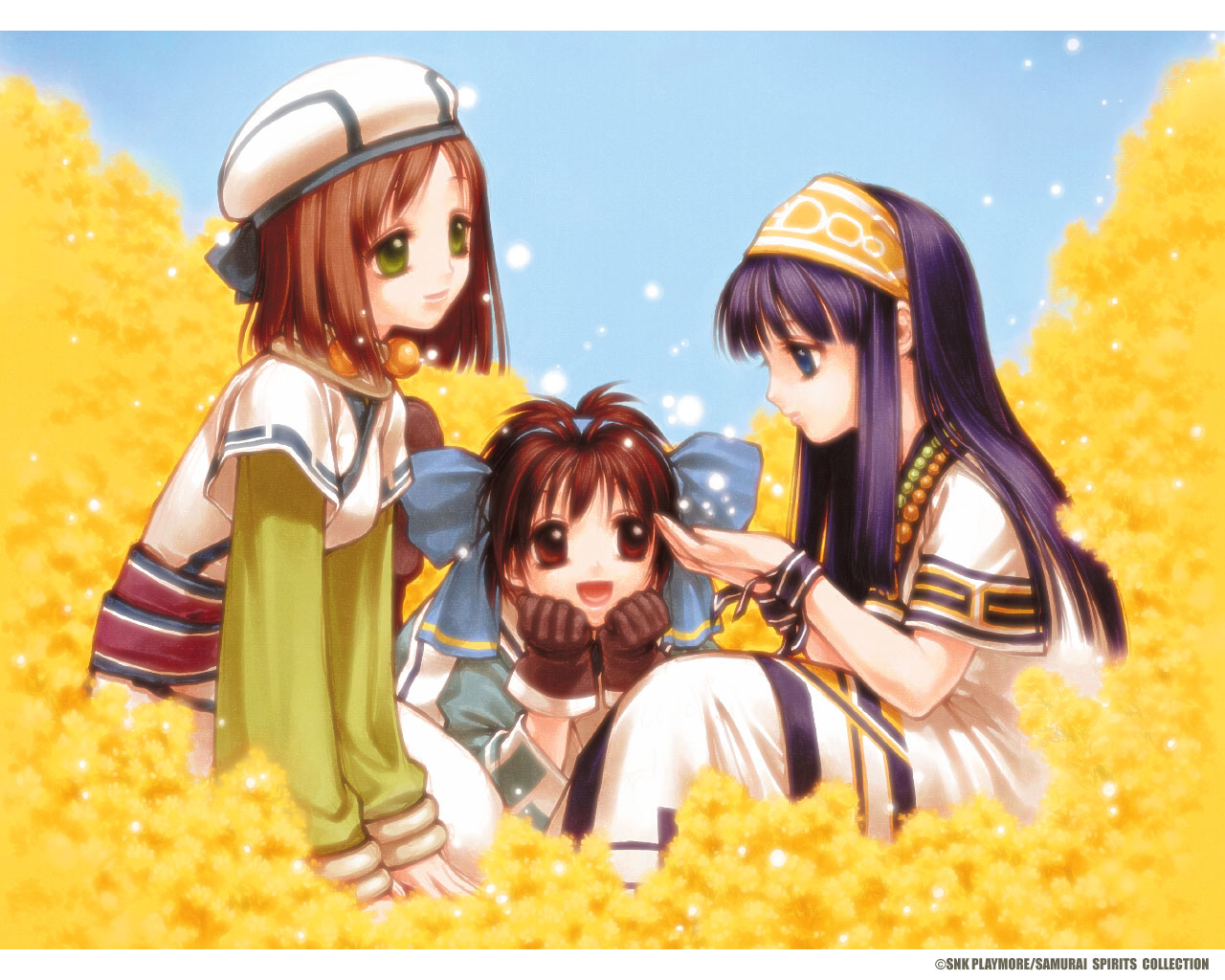 kita senri, manari, nakoruru, rimururu, samurai spirits, snk, 3girls, :d, beret, brown hair, cape, field, flower, flower field, green eyes, hat, headpiece, long sleeves, looking to the side, multiple girls, open mouth, short hair, siblings, sidelocks, sisters, smile, upper body