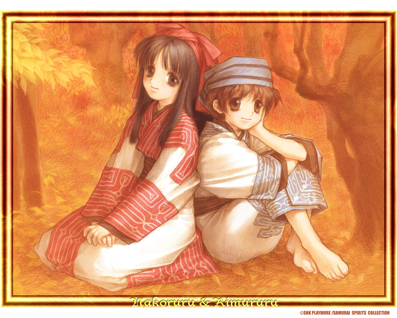 kita senri, nakoruru, rimururu, samurai spirits, snk, 2girls, autumn, autumn leaves, barefoot, character name, feet, head rest, kneeling, leaf, multiple girls, outdoors, own hands together, siblings, sisters, sitting, smile