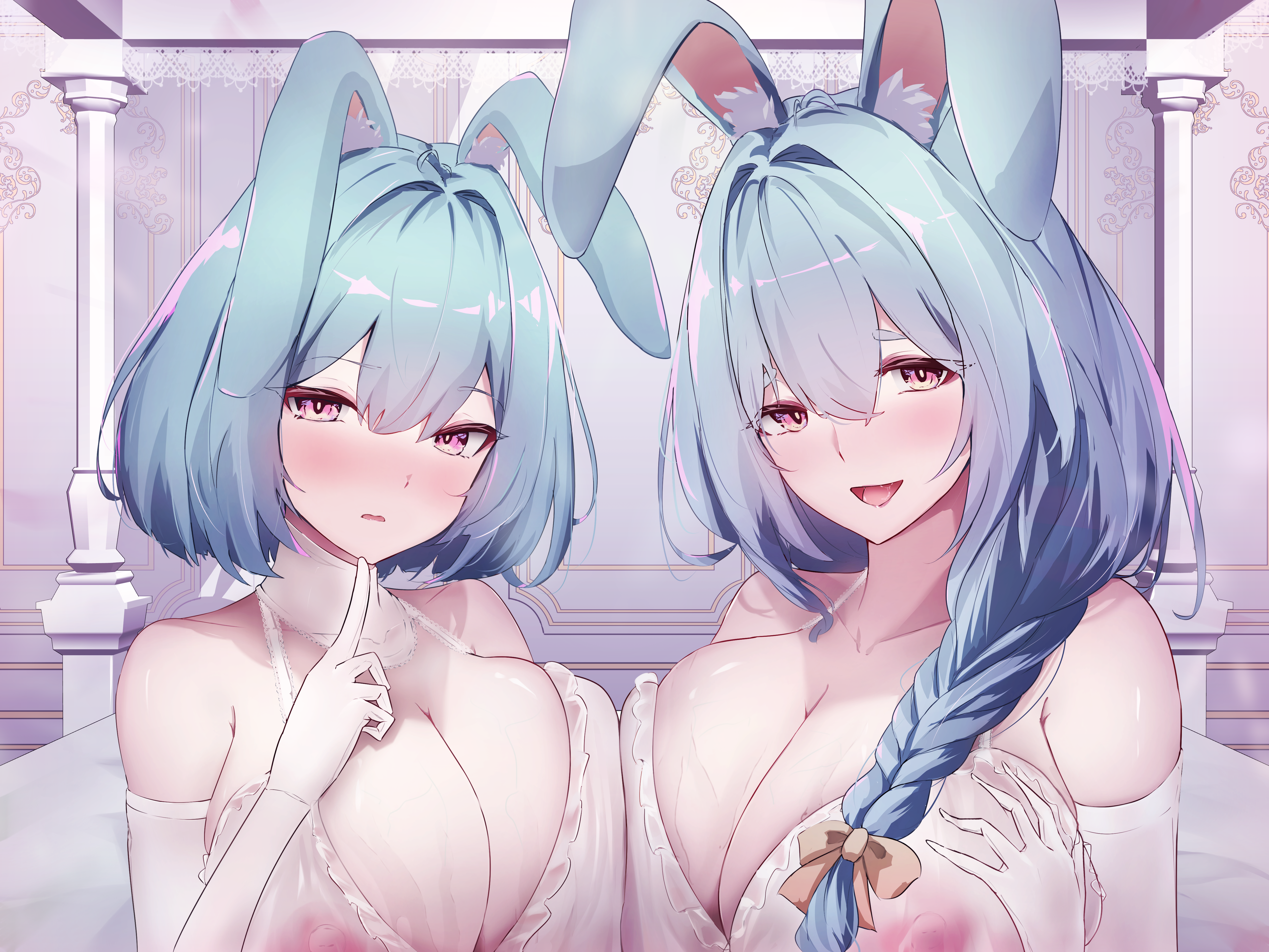 misoyamahage3ro, absurdres, highres, 2girls, :d, animal ears, babydoll, bed, bed sheet, blue hair, blush, braid, breast press, breasts, cleavage, collarbone, covered erect nipples, elbow gloves, gloves, hair between eyes, hair ornament, indoors, large breasts, lingerie, long hair, looking at viewer, multiple girls, nipples, open mouth, rabbit ears, rabbit girl, red eyes, see-through babydoll, see-through clothes, short hair, smile, symmetrical docking, thick eyebrows, underwear, upper body, white babydoll, white gloves