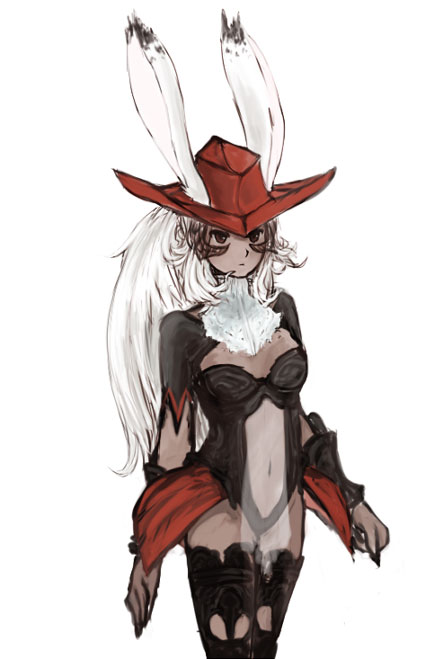 pira, piranosuke, fran (ff12), red mage (final fantasy), final fantasy, final fantasy xii, 00s, 1girl, animal ears, dark-skinned female, dark skin, female focus, hat, long hair, rabbit ears, solo, thighhighs, viera, white hair