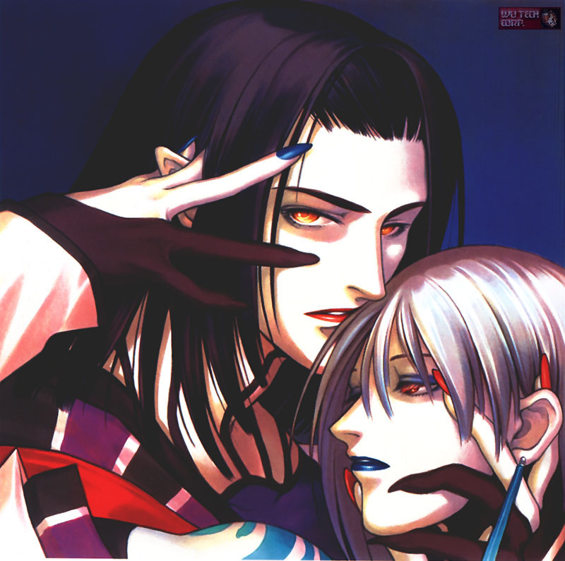 ashura (samurai spirits), shiki (samurai spirits), samurai spirits, silver hair, 1boy, 1girl, black hair, blue background, closed mouth, couple, expressionless, lips, looking at viewer, nail polish, simple background, upper body