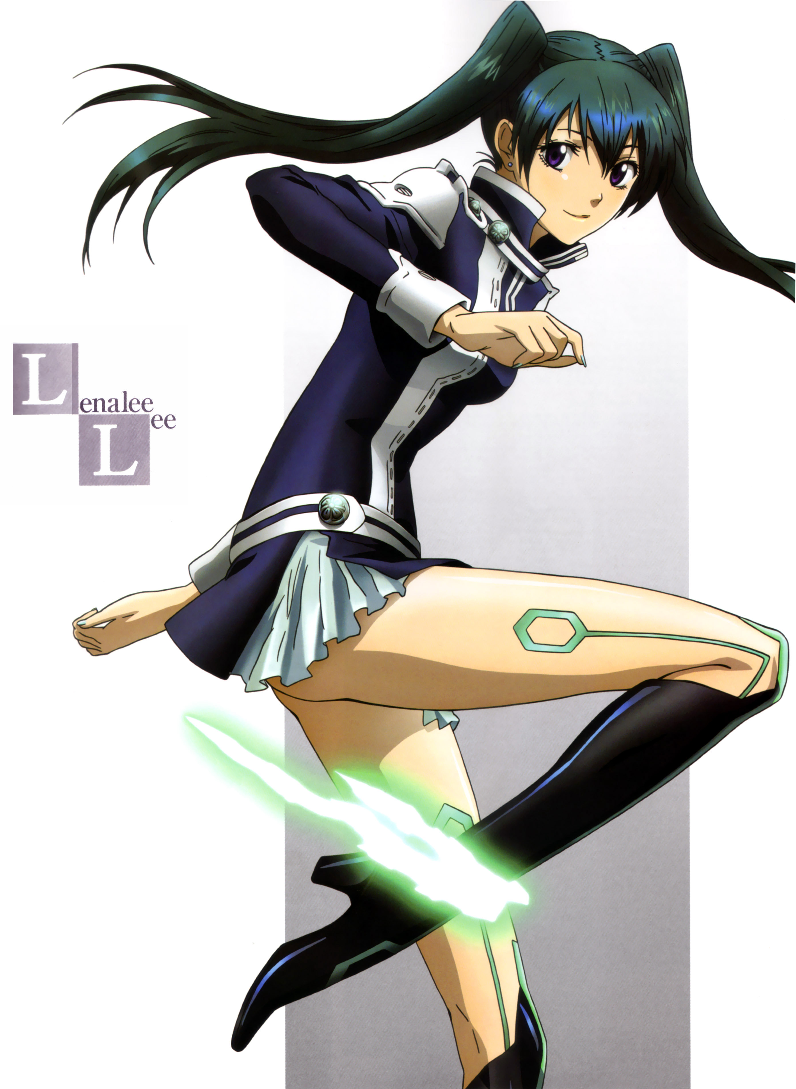 lenalee lee, d.gray-man, absurdres, highres, non-web source, 00s, 1girl, black hair, boots, female focus, fingernails, high heels, knee boots, legs, long hair, nail (hardware), purple eyes, shoes, skirt, smile, solo