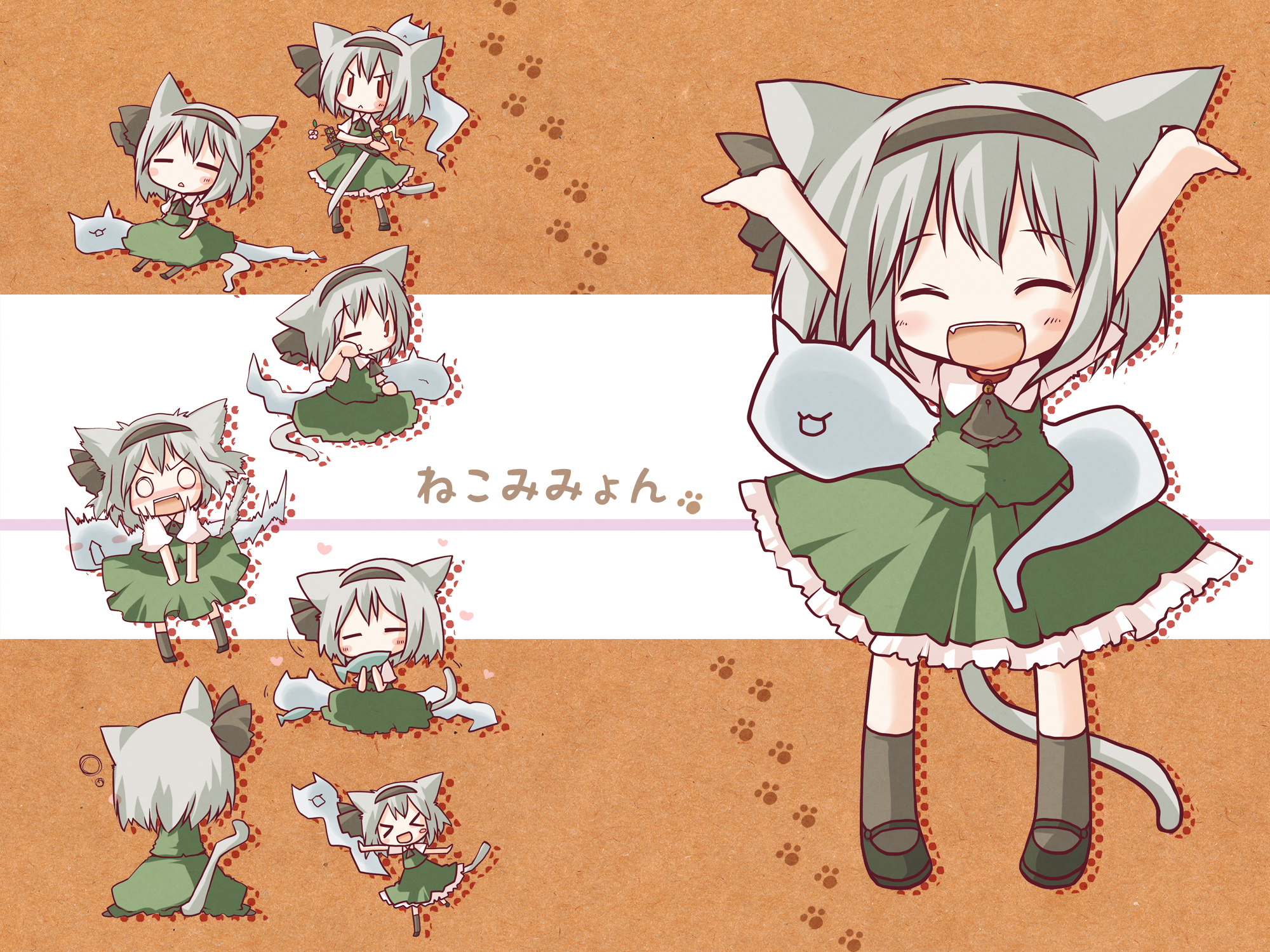 futami yayoi, konpaku youmu, konpaku youmu (ghost), touhou, silver hair, highres, > <, 1girl, :<, :d, = =, ^ ^, animal ears, arms up, bell, blush, cat ears, cat girl, cat tail, chibi, closed eyes, collar, eating, fang, fangs, female focus, fish, hairband, hitodama, multiple views, one eye closed, open mouth, outstretched arms, red eyes, scared, short hair, smile, stiff tail, surprised, sword, tail, weapon, wink