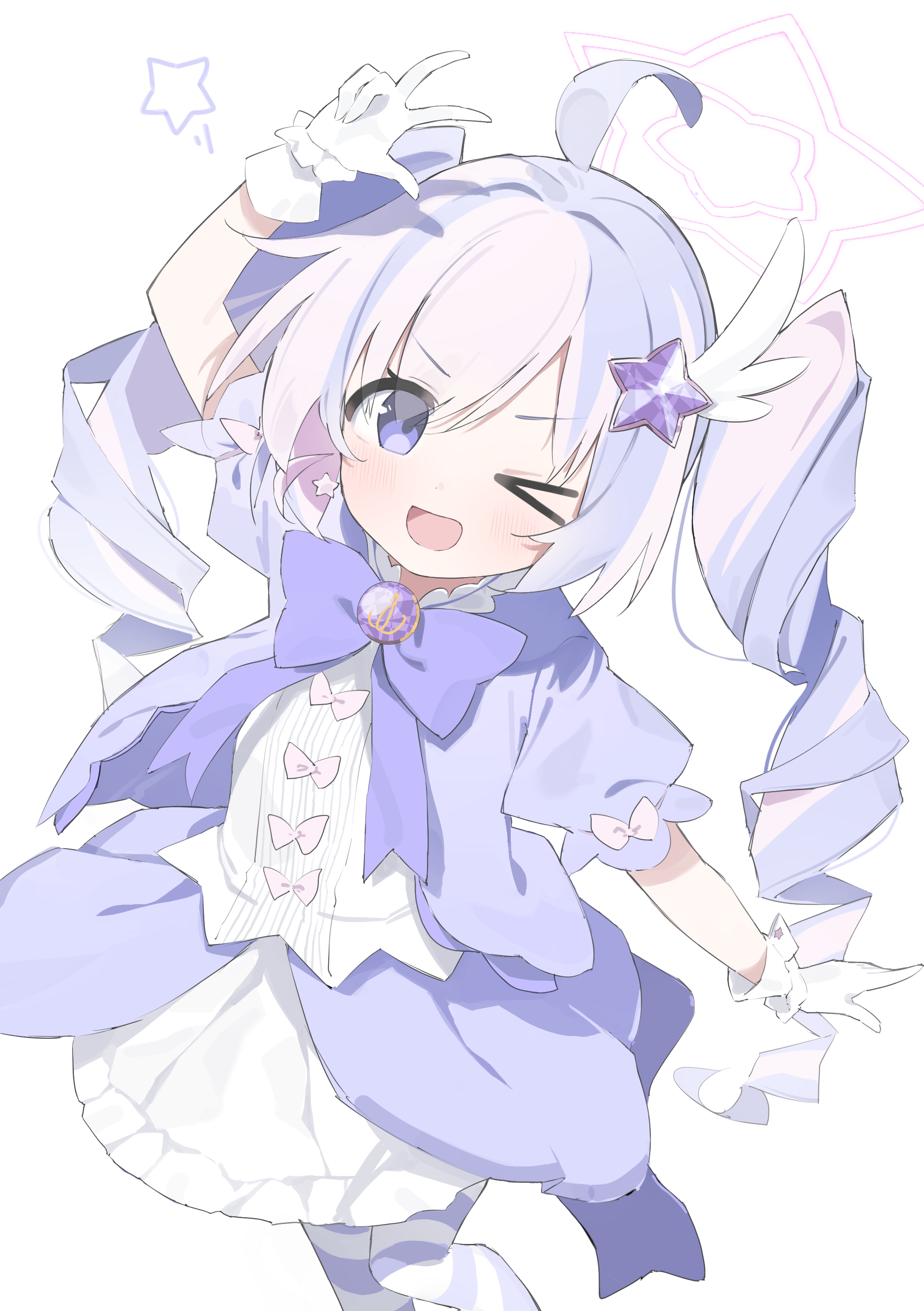 suta0822, reisa (blue archive), reisa (magical) (blue archive), blue archive, absurdres, commentary, highres, > <, 1girl, :d, ahoge, dress, drill hair, from above, gloves, hair ornament, halo, looking at viewer, magical girl, multicolored hair, open mouth, pantyhose, pink hair, pink halo, puffy short sleeves, puffy sleeves, purple eyes, purple hair, purple pantyhose, short sleeves, simple background, skirt, smile, solo, star (symbol), star hair ornament, star halo, striped clothes, striped pantyhose, twin drills, twintails, two-tone hair, v, white background, white gloves, wing hair ornament