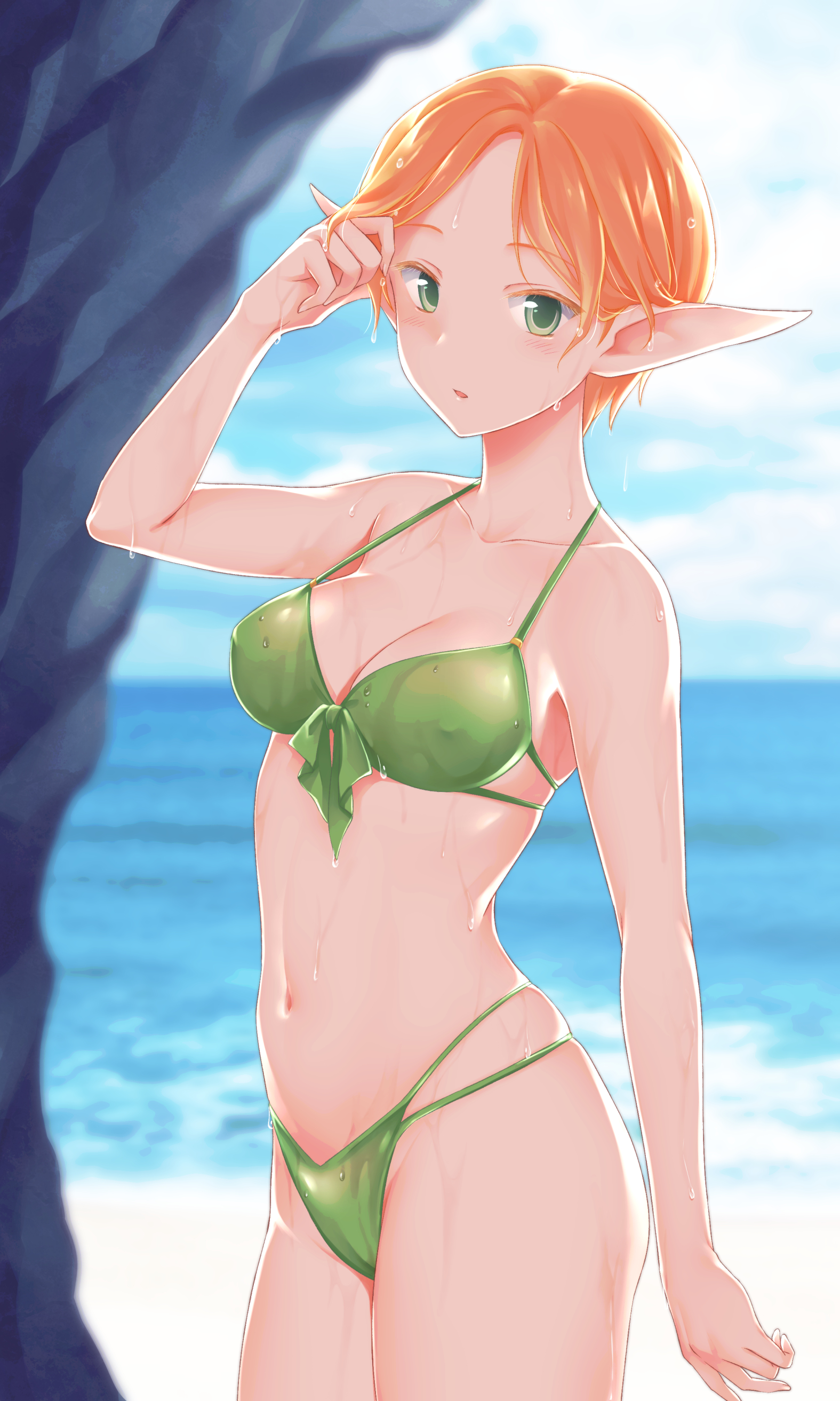 ham pon, paula (suikoden), gensou suikoden, gensou suikoden iv, absurdres, highres, 1girl, adjusting hair, bare shoulders, beach, bikini, blue sky, breasts, cloud, collarbone, covered erect nipples, elf, green bikini, green eyes, looking at viewer, medium breasts, navel, ocean, orange hair, pointy ears, short hair, sky, solo, swimsuit, wet