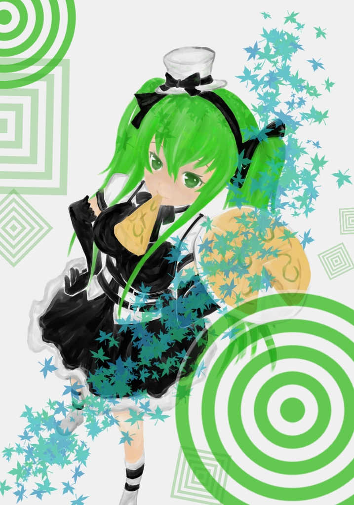 gfm, c.c., code geass, 00s, 1girl, eating, elbow gloves, female focus, food, gloves, gothic lolita, green eyes, green hair, hat, lolita fashion, matching hair/eyes, mini hat, mini top hat, pizza, socks, solo, top hat, twintails, waitress