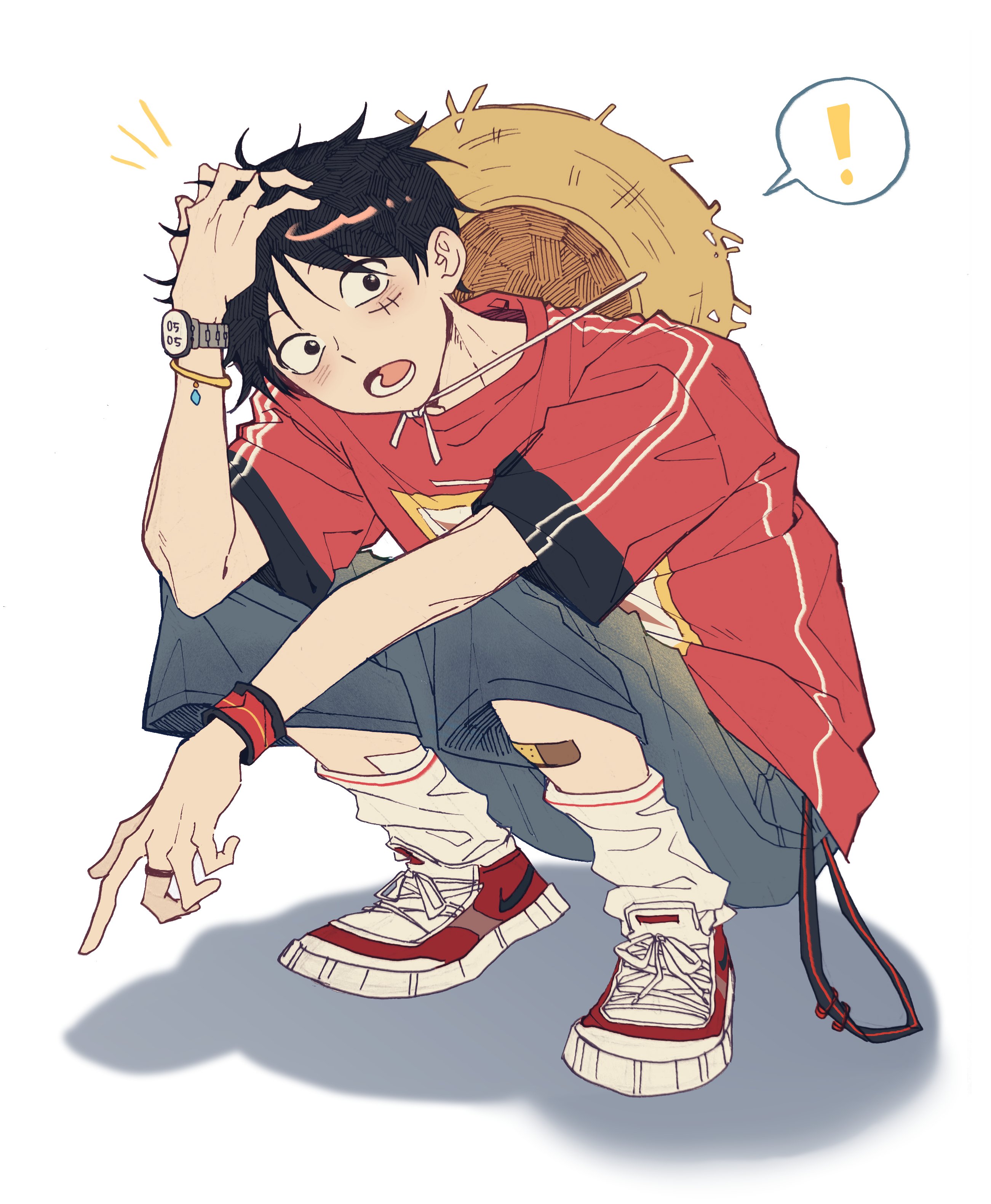 monkey d. luffy, one piece, absurdres, commentary request, highres, korean commentary, !, 1boy, alternate costume, arm on knee, bandaid, bandaid on leg, black eyes, black hair, blue pants, blush, bracelet, crew neck, elbow on knee, facial scar, full body, hand in own hair, hat, jewelry, kkong giii1, looking to the side, lower teeth only, male focus, open mouth, pants, print shirt, red shirt, ring, scar, scar on cheek, scar on face, shirt, shoelaces, shoes, short hair, short sleeves, sideways glance, simple background, sneakers, socks, solo, speech bubble, squatting, straw hat, striped clothes, striped shirt, teeth, unworn hat, unworn headwear, vertical-striped clothes, vertical-striped shirt, watch, white background, white socks, wristband, wristwatch