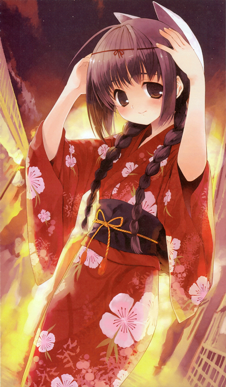 koin (foxmark), 1girl, braid, brown eyes, brown hair, female focus, festival, japanese clothes, kimono, mask, red kimono, solo, twintails, yukata