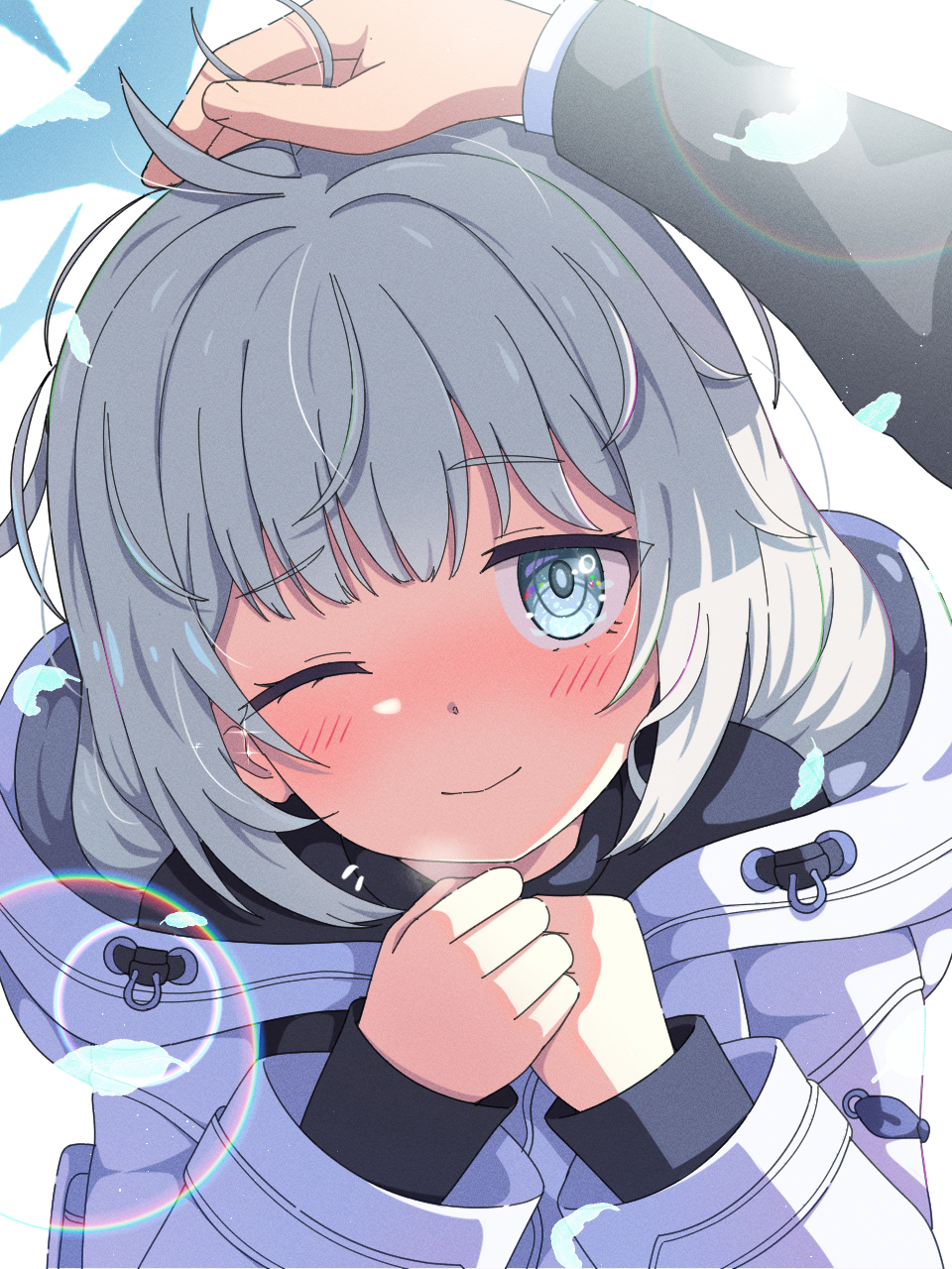 mikoshi (user wvyd4348), maia (blue archive), sensei (blue archive), blue archive, commentary request, highres, 1boy, 1girl, ahoge, blue eyes, blue halo, blush, closed mouth, falling feathers, feathers, grey hair, halo, headpat, hood, hooded jacket, jacket, lens flare, long sleeves, looking at viewer, one eye closed, own hands together, pov, pov hands, simple background, smile, white background, white jacket