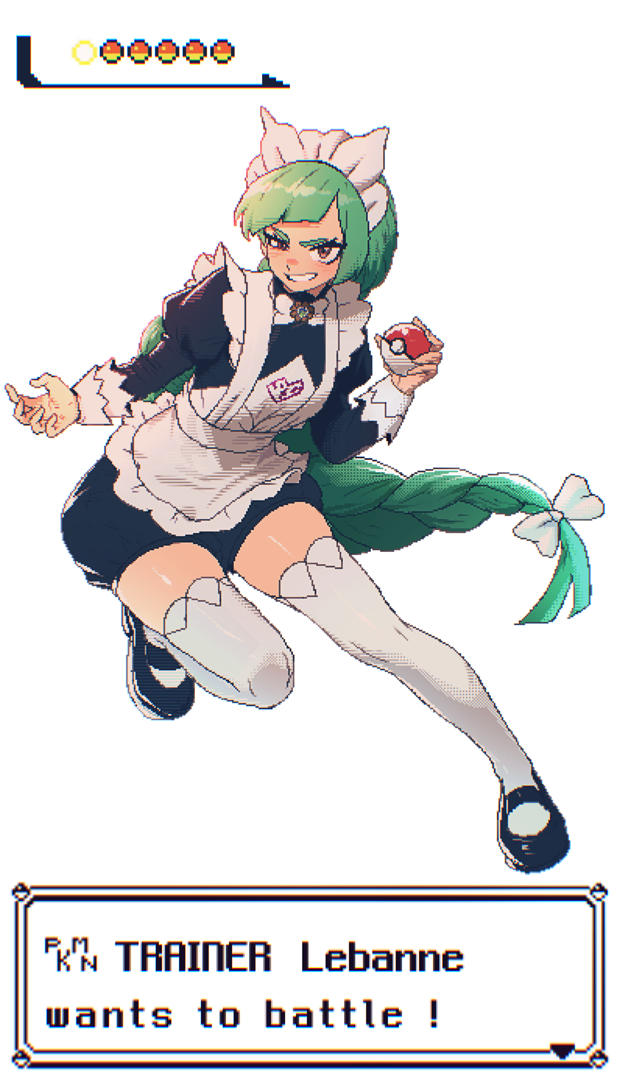spoiledmuffin, lebanne (pokemon), nintendo, pokemon, pokemon legends: z-a, absurdres, highres, 1girl, apron, black dress, braid, braided ponytail, brown eyes, dress, green hair, holding, holding poke ball, juliet sleeves, long hair, long sleeves, looking at viewer, maid, maid apron, maid headdress, mega stone, open mouth, poke ball, poke ball (basic), puffy sleeves, single braid, solo, thighhighs, thighs, white thighhighs