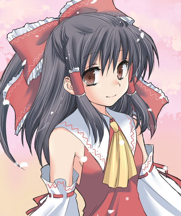 itte2, hakurei reimu, imperishable night, touhou, bad id, bad pixiv id, 1girl, black hair, brown eyes, female focus, gradient background, outdoors, petals, sky, smile, solo, upper body