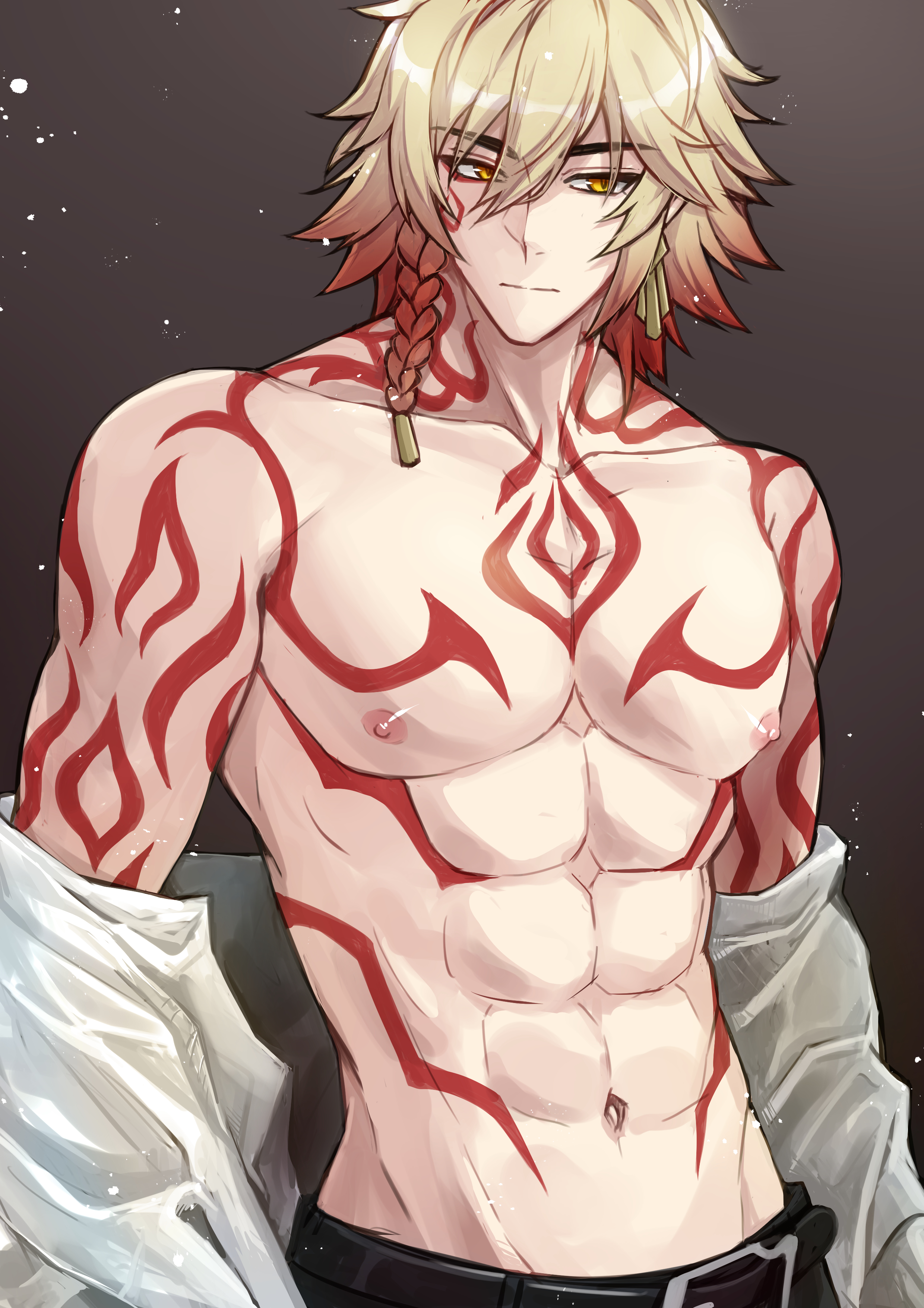 mydei (honkai: star rail), honkai: star rail, honkai (series), absurdres, commentary request, highres, korean commentary, 1boy, abs, arm tattoo, belt, black belt, blonde hair, braid, chest tattoo, earrings, facial tattoo, gold earrings, gradient hair, jewelry, male focus, medium hair, multicolored hair, off shoulder, open clothes, open shirt, red hair, red tattoo, regit1412, shirt, side braid, solo, tattoo, toned, toned male, white shirt, yellow eyes