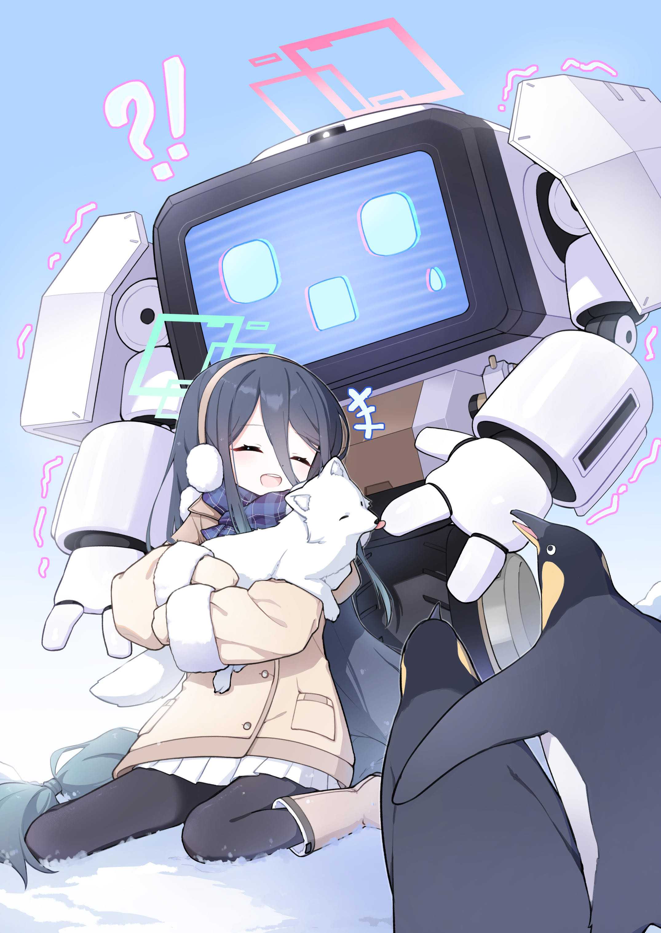 kurana (atlas), aris (blue archive), aris (winter) (blue archive), kei (amas) (blue archive), kei (blue archive), blue archive, absurdres, highres, !?, +++, 1girl, animal, black hair, closed eyes, fox, green halo, halo, holding, holding animal, long hair, pantyhose, rectangular halo, red halo, robot, scarf